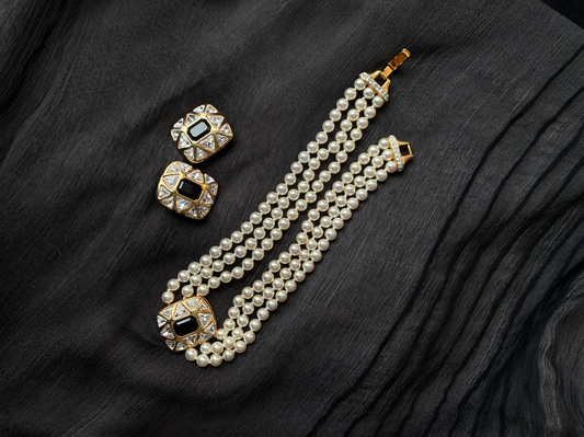 Swarovski Triple Strand Pearl Necklace with Black Crystal Centre