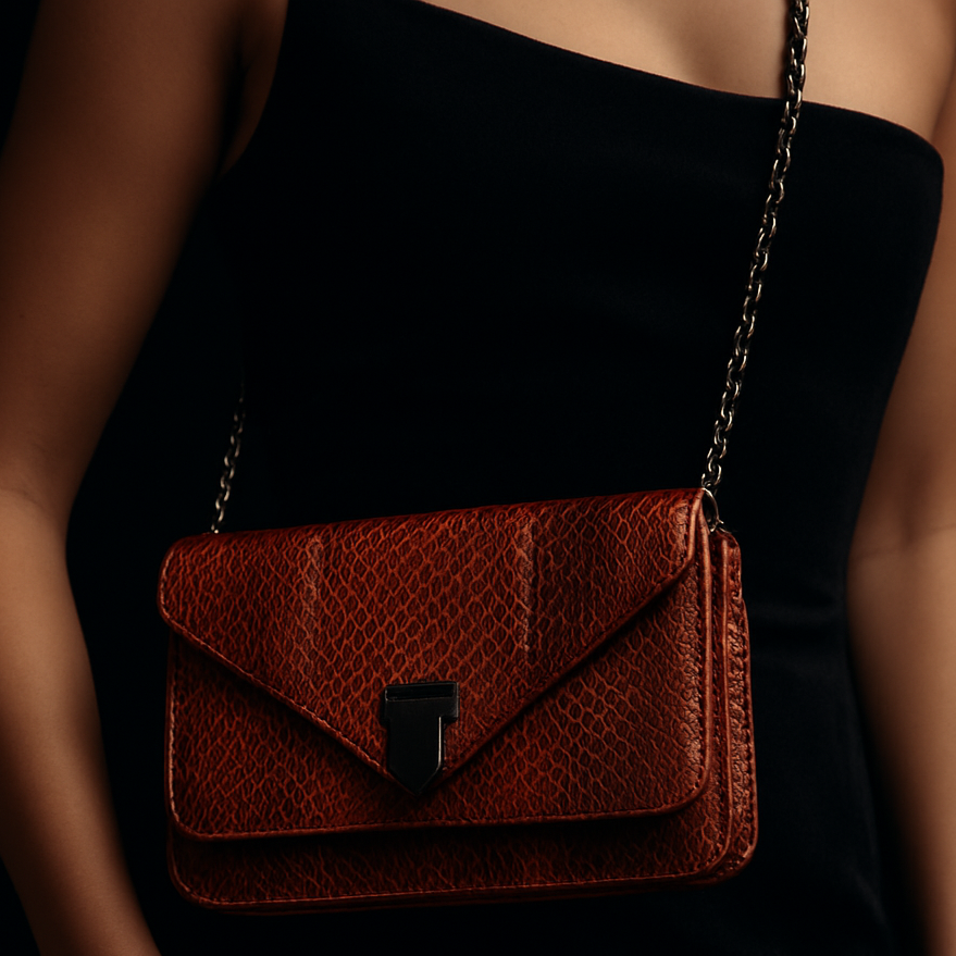 Baraboux Coral Snakeskin Crossbody Bag with Gunmetal Chain Strap