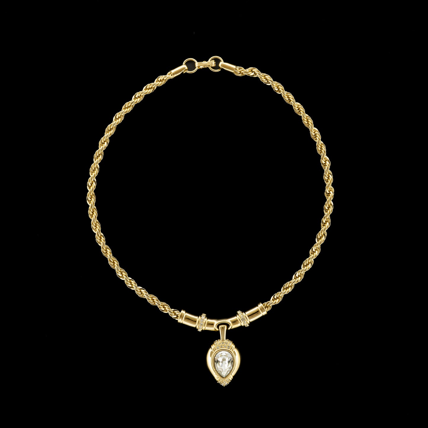 Swarovski Gold Rope Necklace with Teardrop Crystal Pendant