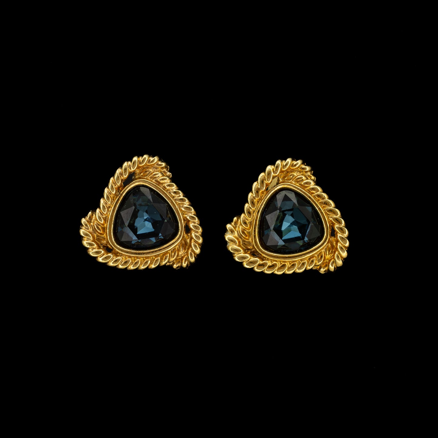 Swarovski Gold Rope-Edge Earrings with Sapphire Blue Crystals