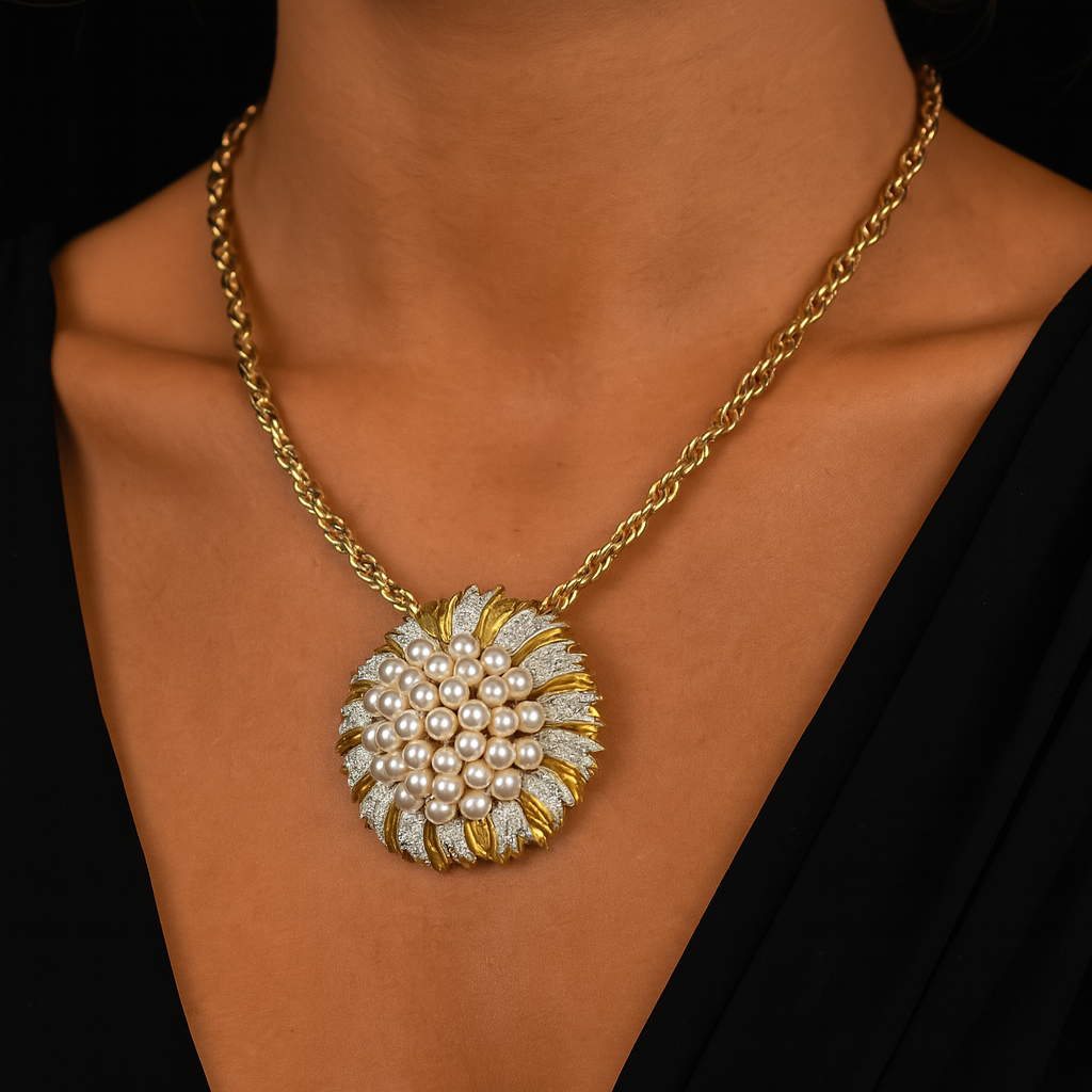 Gold-Tone Rope Chain Necklace with Faux Pearl & Glitter Enamel Sunburst Huge Pendant