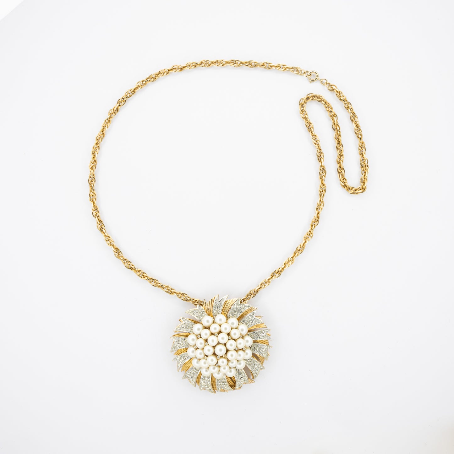 Gold-Tone Rope Chain Necklace with Faux Pearl & Glitter Enamel Sunburst Huge Pendant