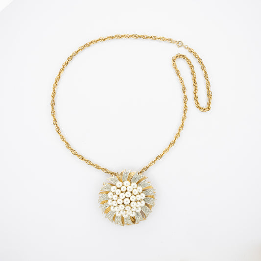 Gold-Tone Rope Chain Necklace with Faux Pearl & Glitter Enamel Sunburst Huge Pendant