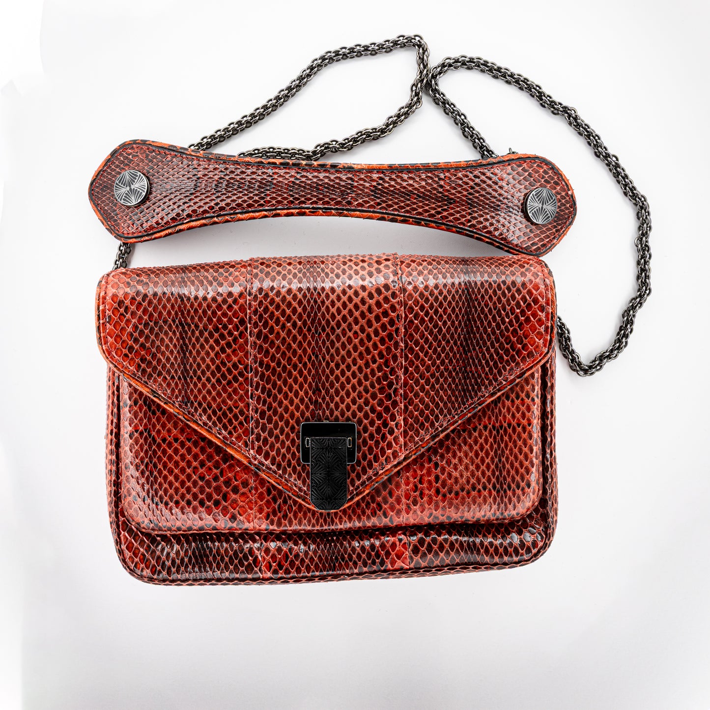 Baraboux Coral Snakeskin Crossbody Bag with Gunmetal Chain Strap