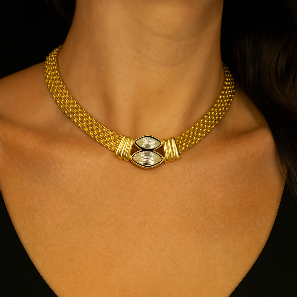 Swarovski Gold-Tone Mesh Necklace with Marquise-Cut Crystal Accents