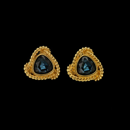 Swarovski Gold Rope-Edge Earrings with Sapphire Blue Crystals