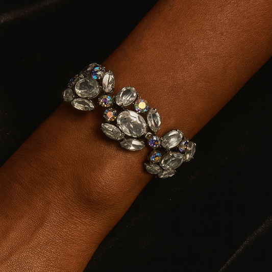 Blackened Metal Crystal Cluster Bracelet with Aurora Borealis Accents – Matching Earrings Available