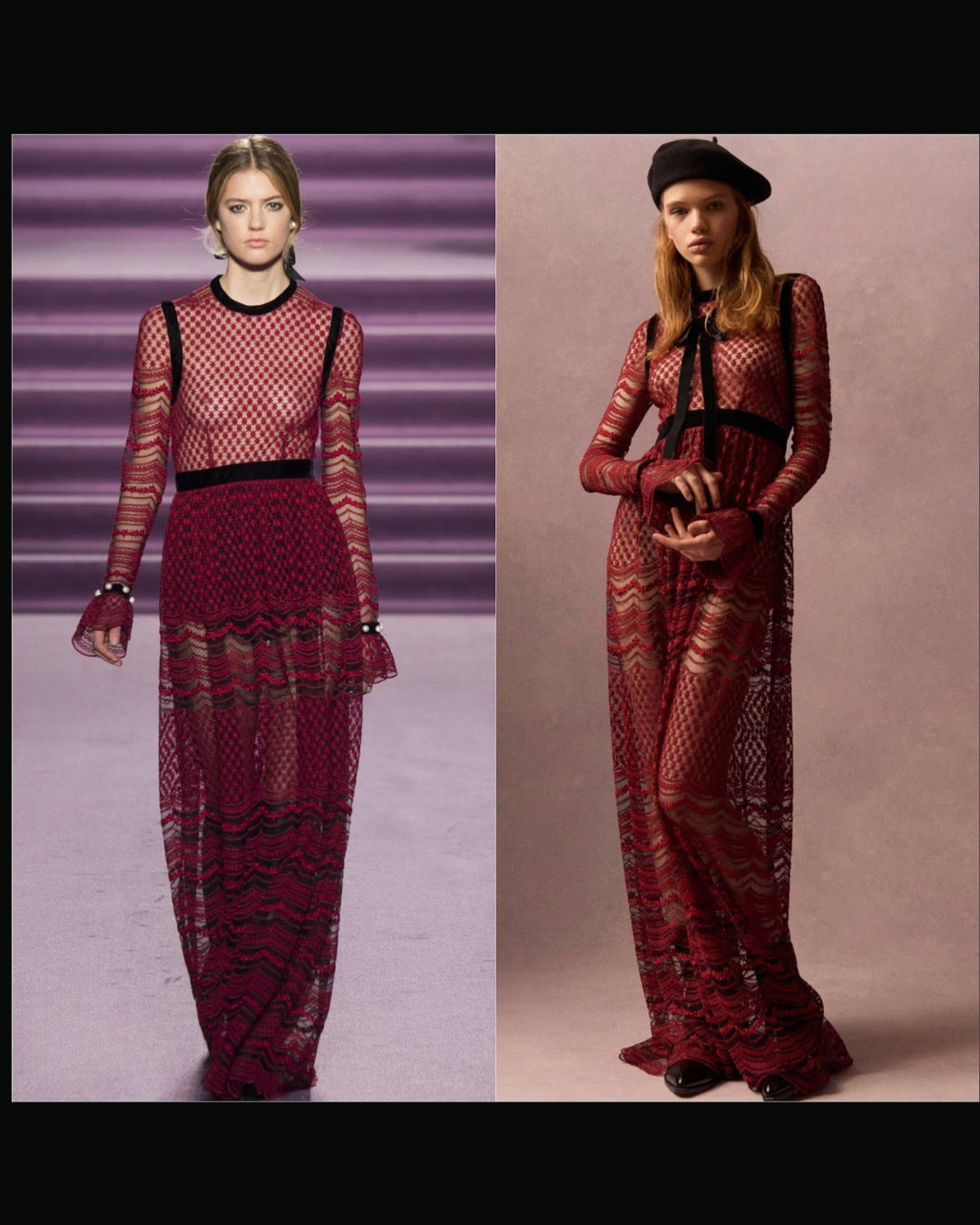Two different models wearing a Philosophy di Lorenzo Seraphini burgundy long sleeve gown dress. One background is light, the other is half striped.