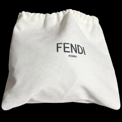 White drawstring bag with 'Fendi Roma' printed on it against a black background