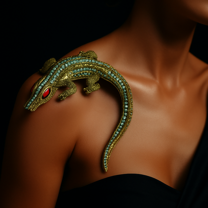 Huge Butler & Wilson Green Crystal Crocodile Brooch with Red Eyes