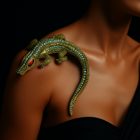Huge Butler & Wilson Green Crystal Crocodile Brooch with Red Eyes