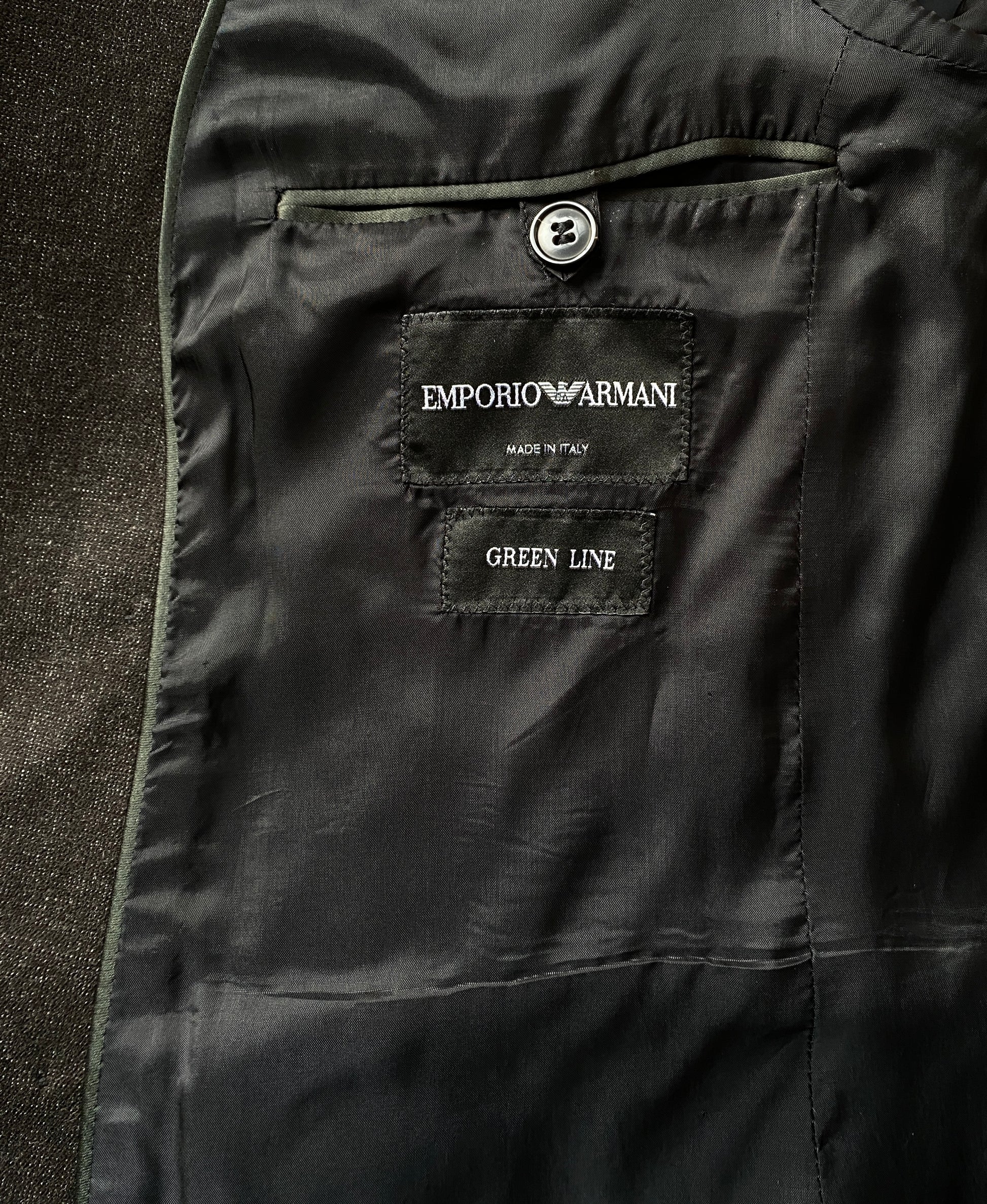 Inside label of a gray Giorgio Armani Double-Breasted Jacket. The label reads: Emporio Armani. Made In Italy. Green Line.
