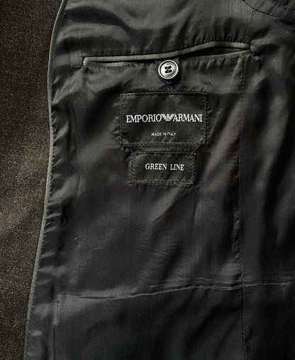 Inside label of a gray Giorgio Armani Double-Breasted Jacket. The label reads: Emporio Armani. Made In Italy. Green Line.