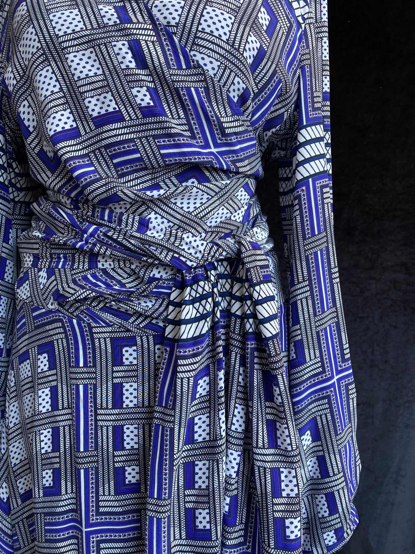 Amanda Wakeley Silk Wrap Dress geometric print in shades of blue. The middle section is shown, with a belt wrapped around the waist, in the same material.