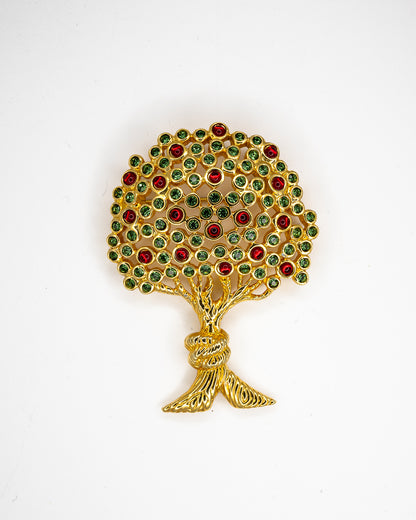 Swarovski Gold-Tone Tree of Life Brooch with Red and Green Crystals