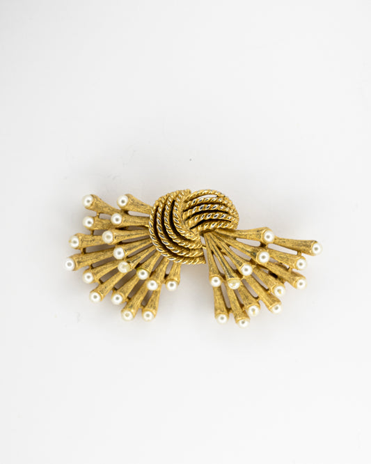 Trifari Gold-Tone Knot Brooch with Faux Pearls
