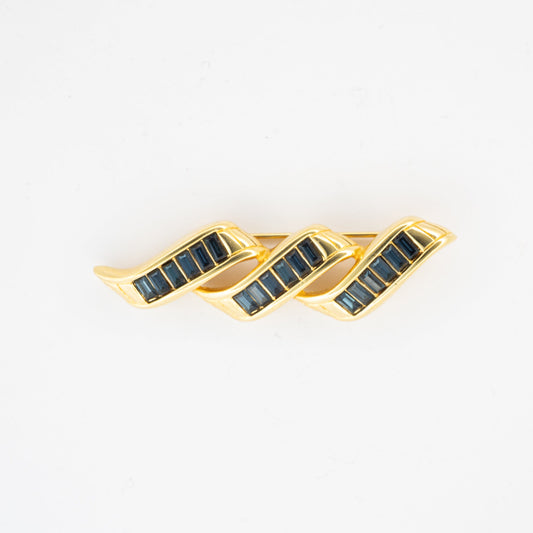 Swarovski Gold Ribbon Brooch with Sapphire Blue Crystals