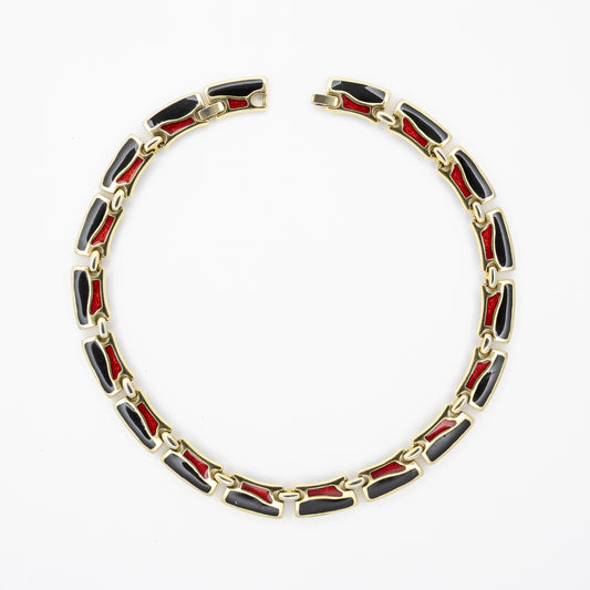 Vintage Black & Red Enamel Link Necklace in Gold Tone