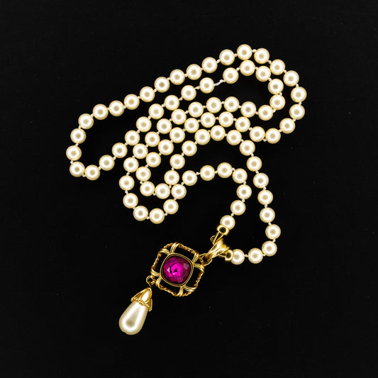 NecklaceSwarovski Pearl Necklace with Fuchsia Crystal & Pearl Drop Pendant