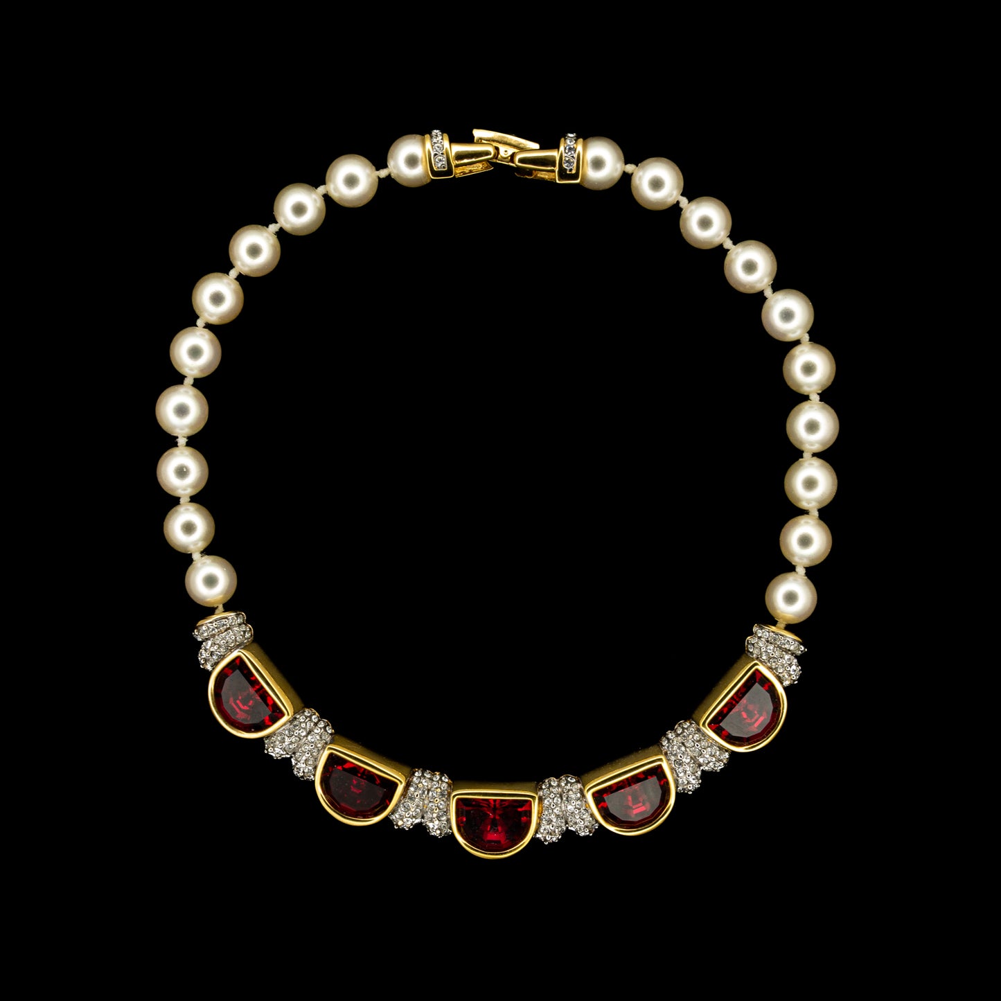 Swarovski Pearl Necklace with Ruby Red Crystal Pendants