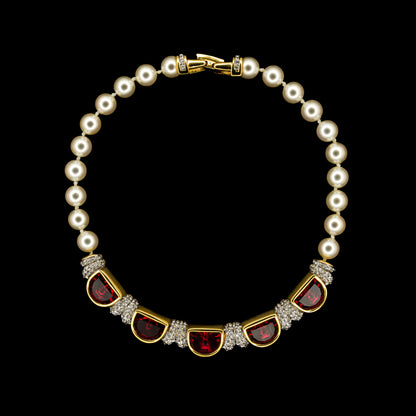 Swarovski Pearl Necklace with Ruby Red Crystal Pendants