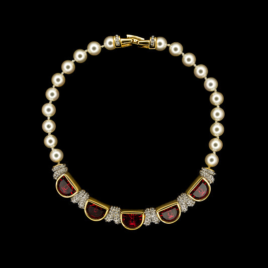 Swarovski Pearl Necklace with Ruby Red Crystal Pendants