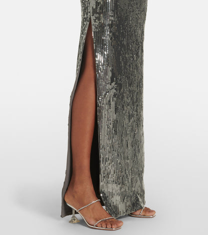 Roland Mouret Asymmetric Sequin Gown Silver with a high slit on a white background.
