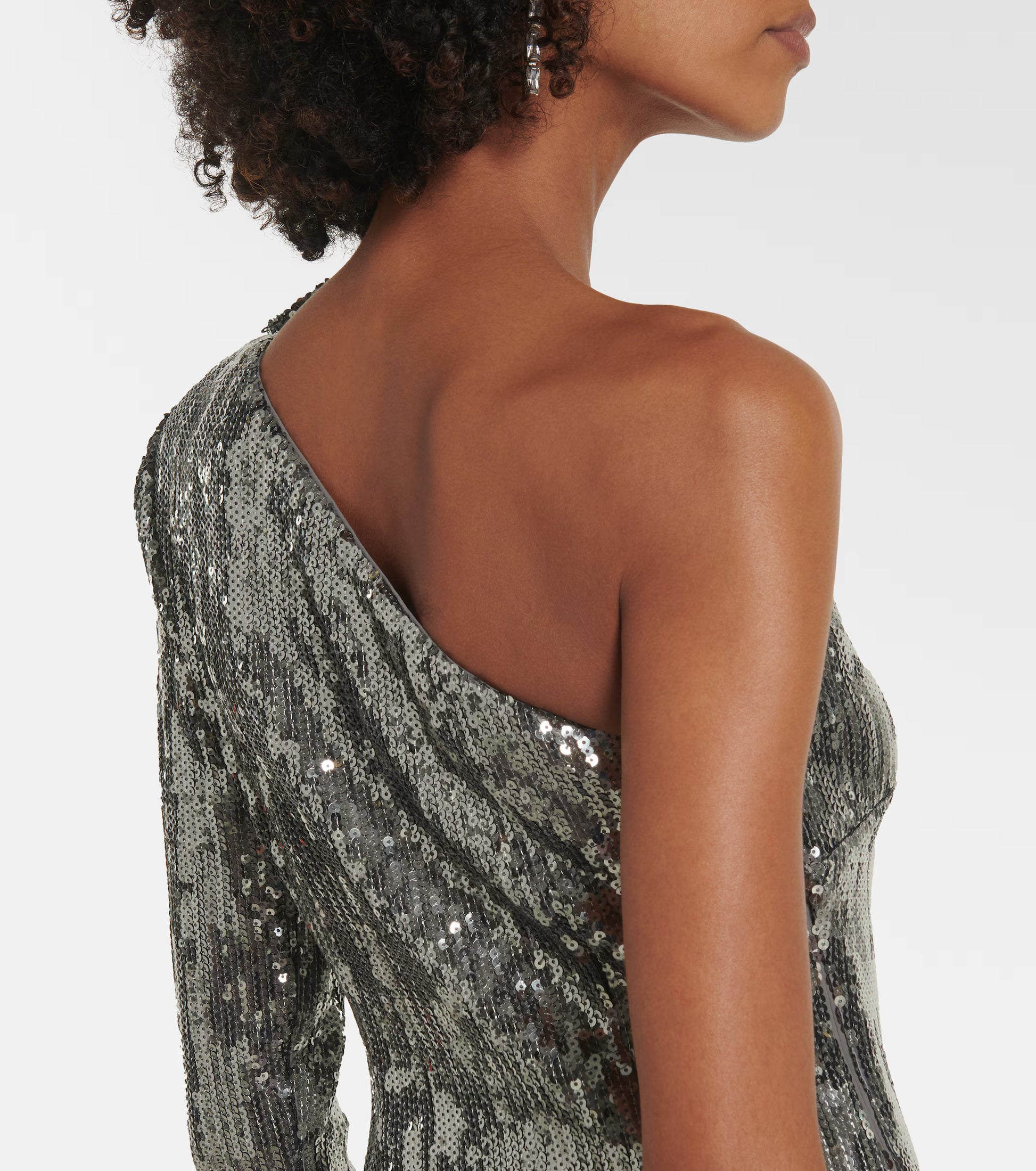A model wearing Roland Mouret Asymmetric Sequin Gown, view from the back waist up, on a white background.