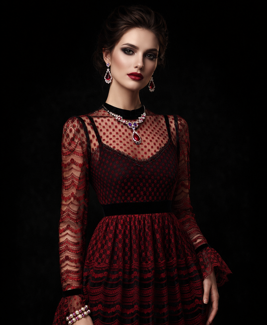 Woman modelling a Philosophy di Lorenzo Seraphini burgundy long sleeve gown dress against a dark background.