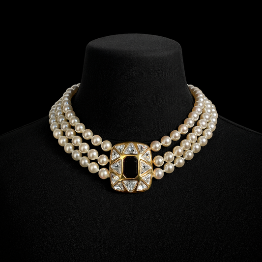 Swarovski Triple Strand Pearl Necklace with Black Crystal Centre