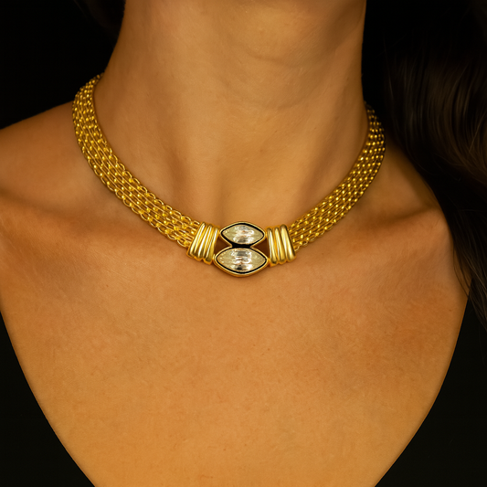 Swarovski Gold-Tone Mesh Necklace with Marquise-Cut Crystal Accents