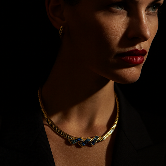 Swarovski Gold Collar Necklace with Blue Crystal Detail