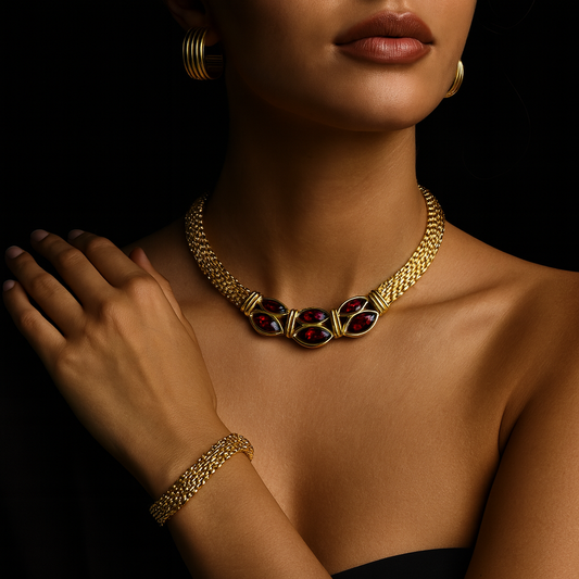 Swarovski Gold Necklace with Raspberry Red Crystals