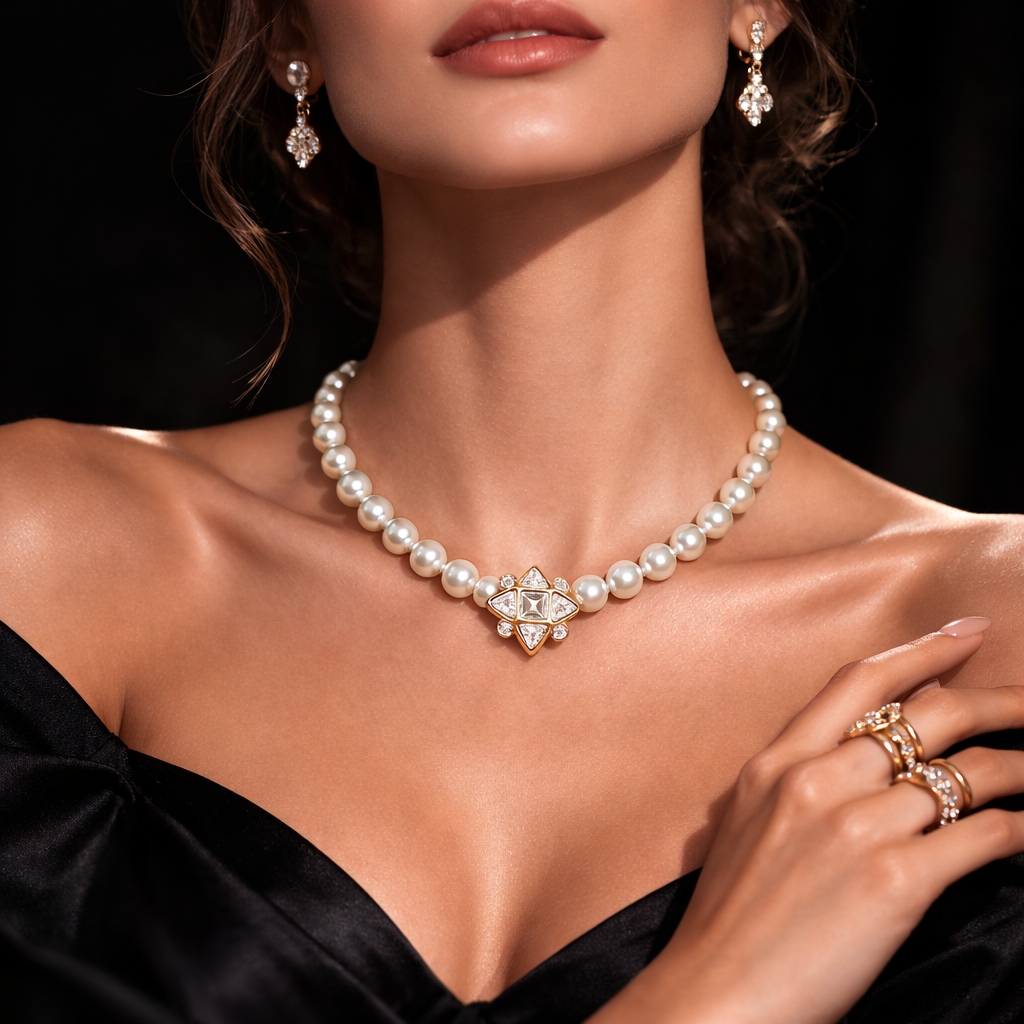 Swarovski Pearl Necklace with Geometric Crystal Centre