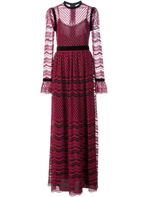 A Philosophy di Lorenzo Seraphini burgundy long sleeve gown dress against a white background.