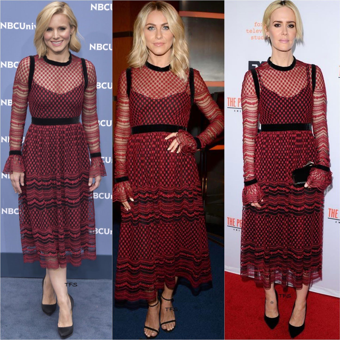 Three different women wearing a Philosophy di Lorenzo Seraphini burgundy long sleeve gown dress.